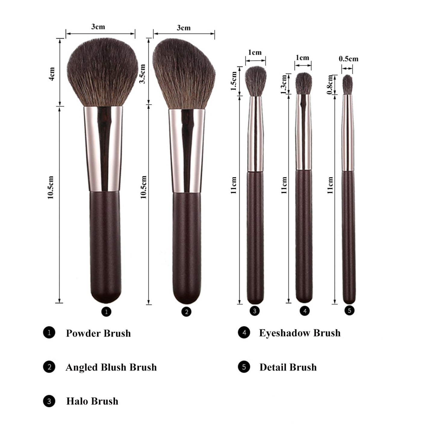 Travel Makeup Brushes Set w/Pouch, Portable 5PCS Professional Premium Goat Hair Cosmetic Brushes Kit for Powder Blush Concealers Contouring Highlighting