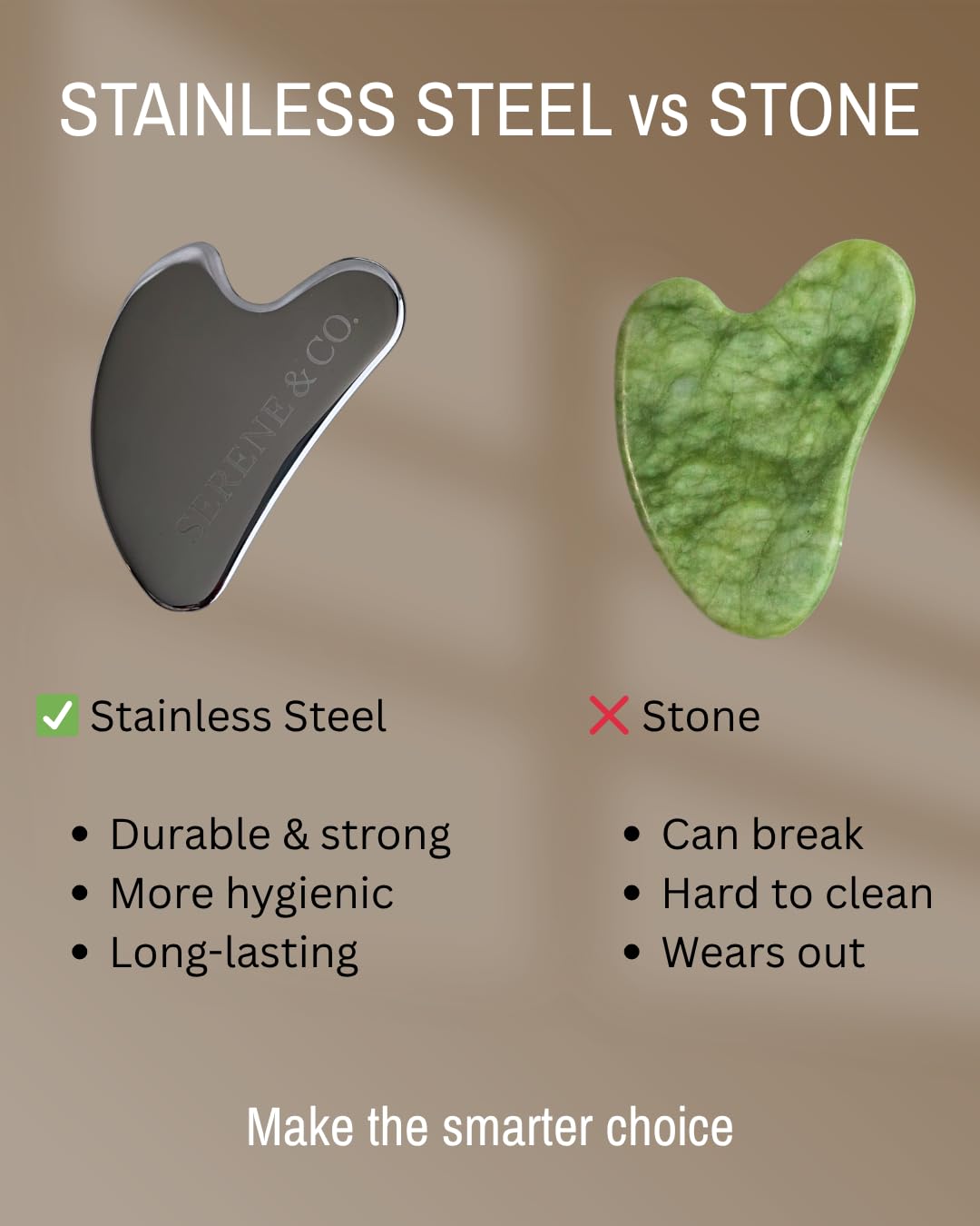 Serene & Co. Premium Stainless Steel Gua Sha & Face Roller Set – Facial Massage Tools for Skincare Routine – Cooling Metal Roller & Sculpting Gua Sha