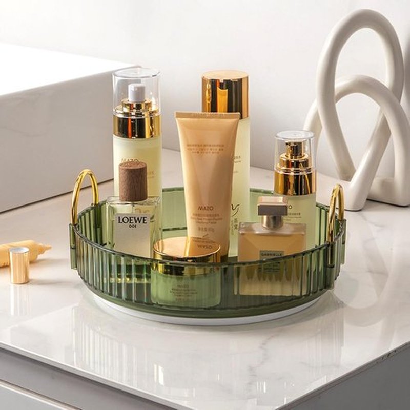 Zufudo Rotating Makeup Organizer 1 Tier Lazy Susan Trays Skincare Perfume Organizer for Bathroom Counter Vanity, Green Gold
