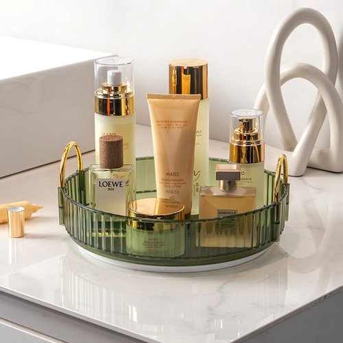 Zufudo Rotating Makeup Organizer 1 Tier Lazy Susan Trays Skincare Perfume Organizer for Bathroom Counter Vanity, Green Gold