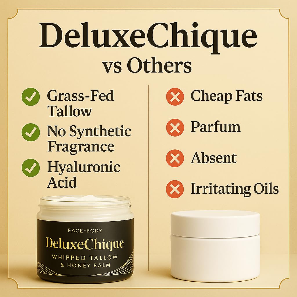 Bekirbech DeluxeChique Beef Tallow Face Moisturizer – Whipped Tallow & Honey Balm with Hyaluronic Acid, Manuka Honey, Aloe & Green Tea – Unscented Natural Skin Cream for Dry or Sensitive Skin – 4oz