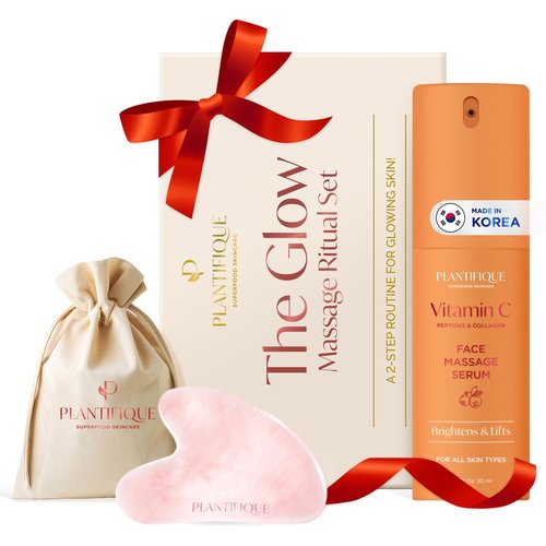 PLANTIFIQUE Massage Ritual Set: Premium Certified Jade Gua Sha + Jojoba Oil & AHA Serum Skin Care Set, Birthday Gifts for Women, Teens, Mom, Brides
