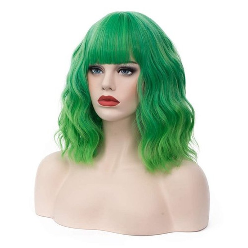 WGPFWIG Women's Bright Green Ombre Wig Short Curly Wavy Wig Shoulder Length Flat Bangs Wig For Women Girl Cosplay Party Halloween Wig Cap Included (Bright Green Ombre)