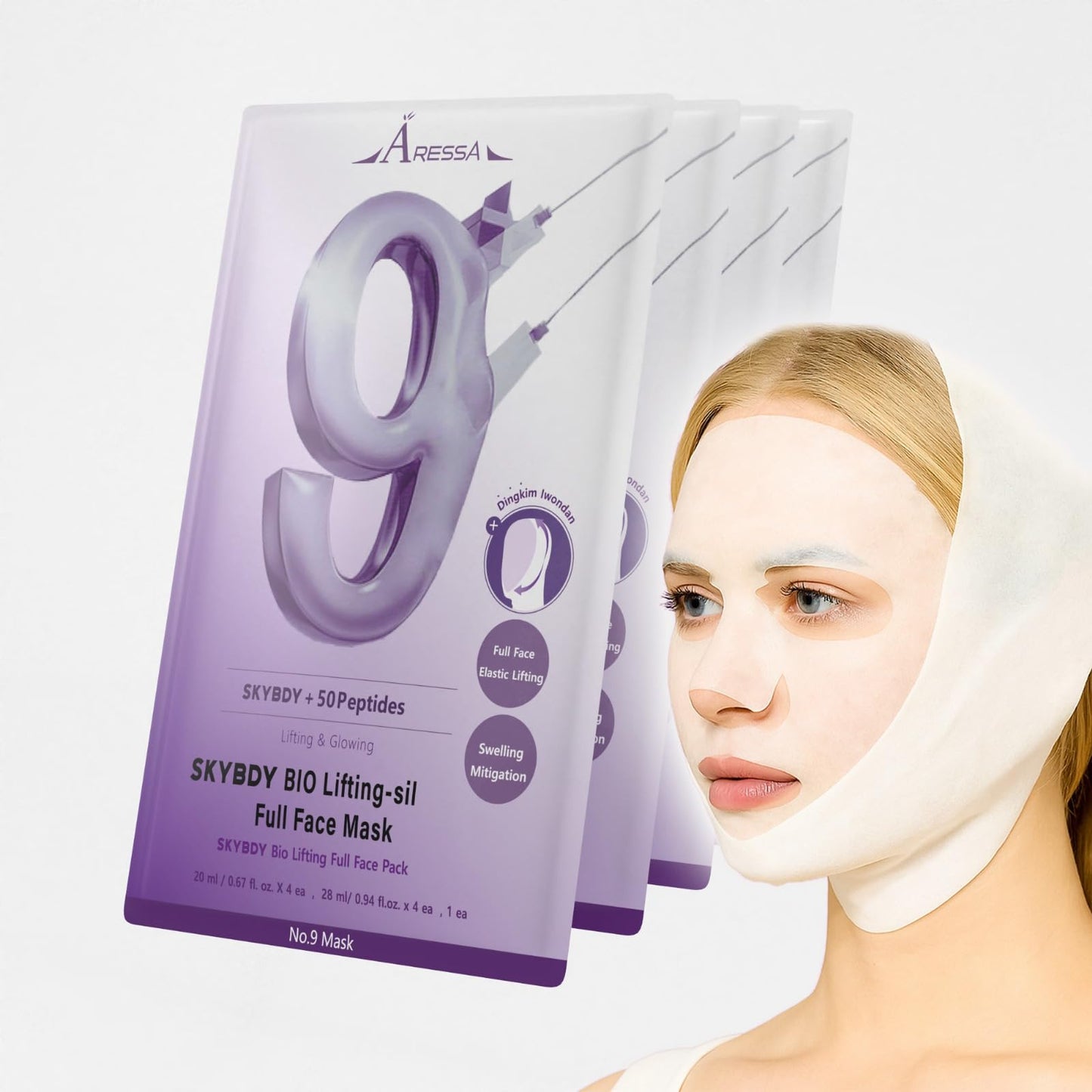 ARESSA SKYBDY BIO Lifting-Sil Full Face Mask | NAD+, NMN, Collagen & Peptides | Tightens Jawline & Neck | Reduces Wrinkles & Lines | Firming & Hydrating | 4 Sheets + Bonus Lifting Band