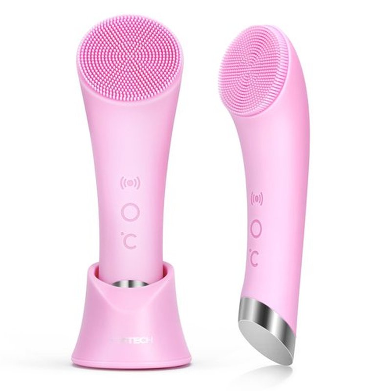 PRITECH Silicone Face Scrubber, Rechargeable Facial Cleansing Brush with Heat Massage End, Vibrating Exfoliating Face Scrubber for Women and Men, Waterproof Facial Scrubber for Deep Cleansing (Pink)