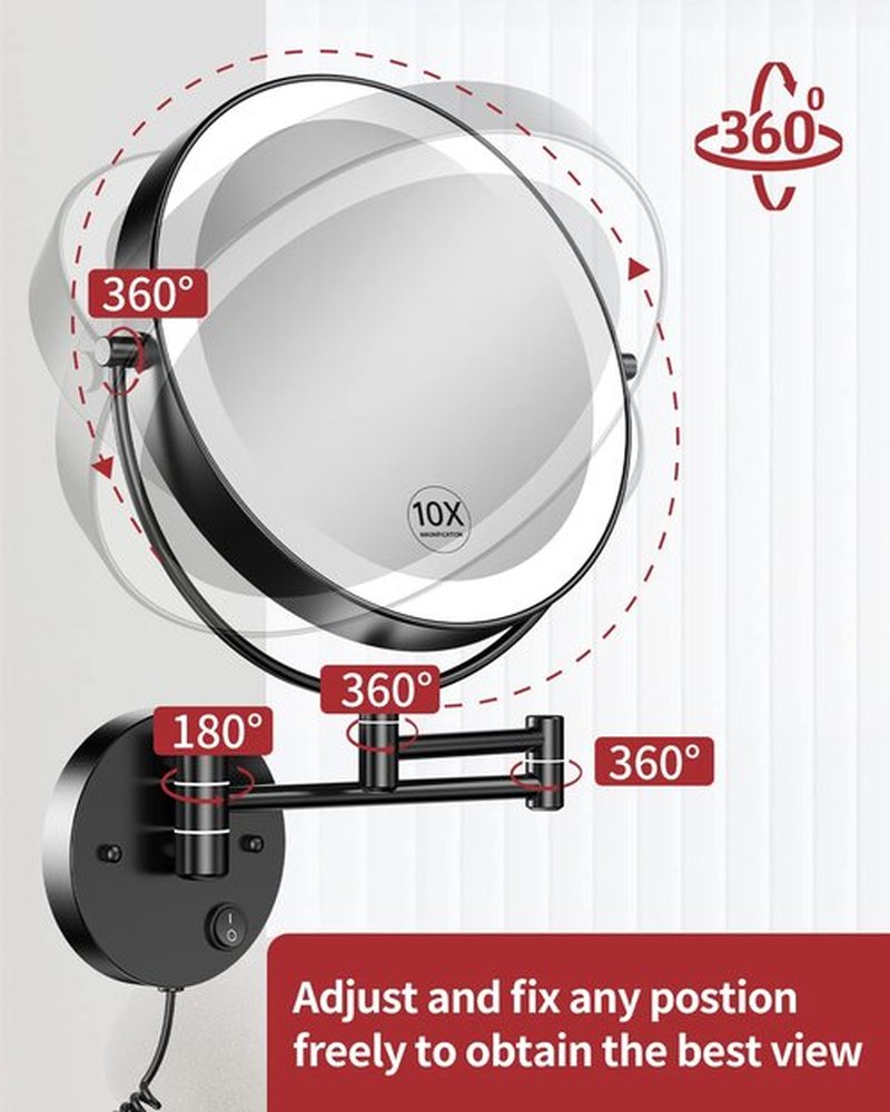 Gospire 9” Wall Mounted Lighted Makeup Vanity Mirror with 3 Color Lights & Stepless Dimming, 1X/10X Magnifying LED Double Sided Bathroom Touch Sensor Extendable Arm 360° Swivel Shaving Cosmetic Mirror