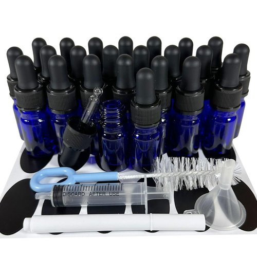 PIPIBA 24Pack 1/6 oz (5ml) Round Drip Tip Glass Eye Droppers. Essential Oil Glass Bottle. For Lab Bottles (Blue)