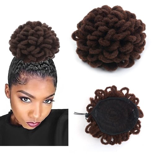 Yinmei Baibian Dreadlock Bun Faux Locs Drawstring Ponytail Dread Loc Petal Buns Curly Afro Puffs Braided Hair Extension Clip in on Braids Hairpieces for Black Women(33#)