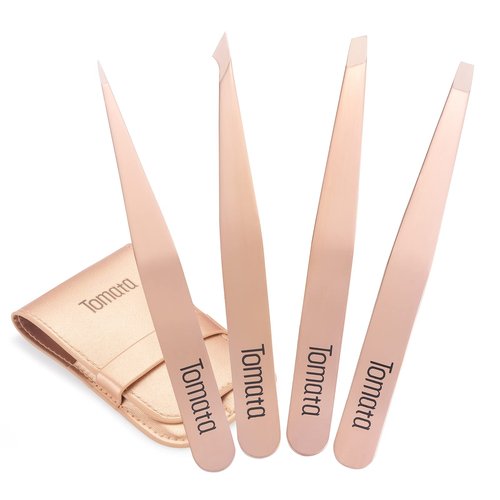 Tomata Tweezers for Eyebrows, Slant Tip and Pointed Eyebrow Tweezer Set Great Precision for Eyebrows Facial Hair, Ingrown Hair, Splinter, Blackhead and Tick Remover (4-piece) (Gold)
