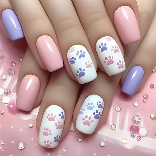 24Pcs Cute Press on Nails Square Short Fake Nails Solid Color Glue on Nails Cat Claw False Nails with Designs Valentine's Day Acrylic Nails Glossy Artificial Stick on Nails for Women Girls