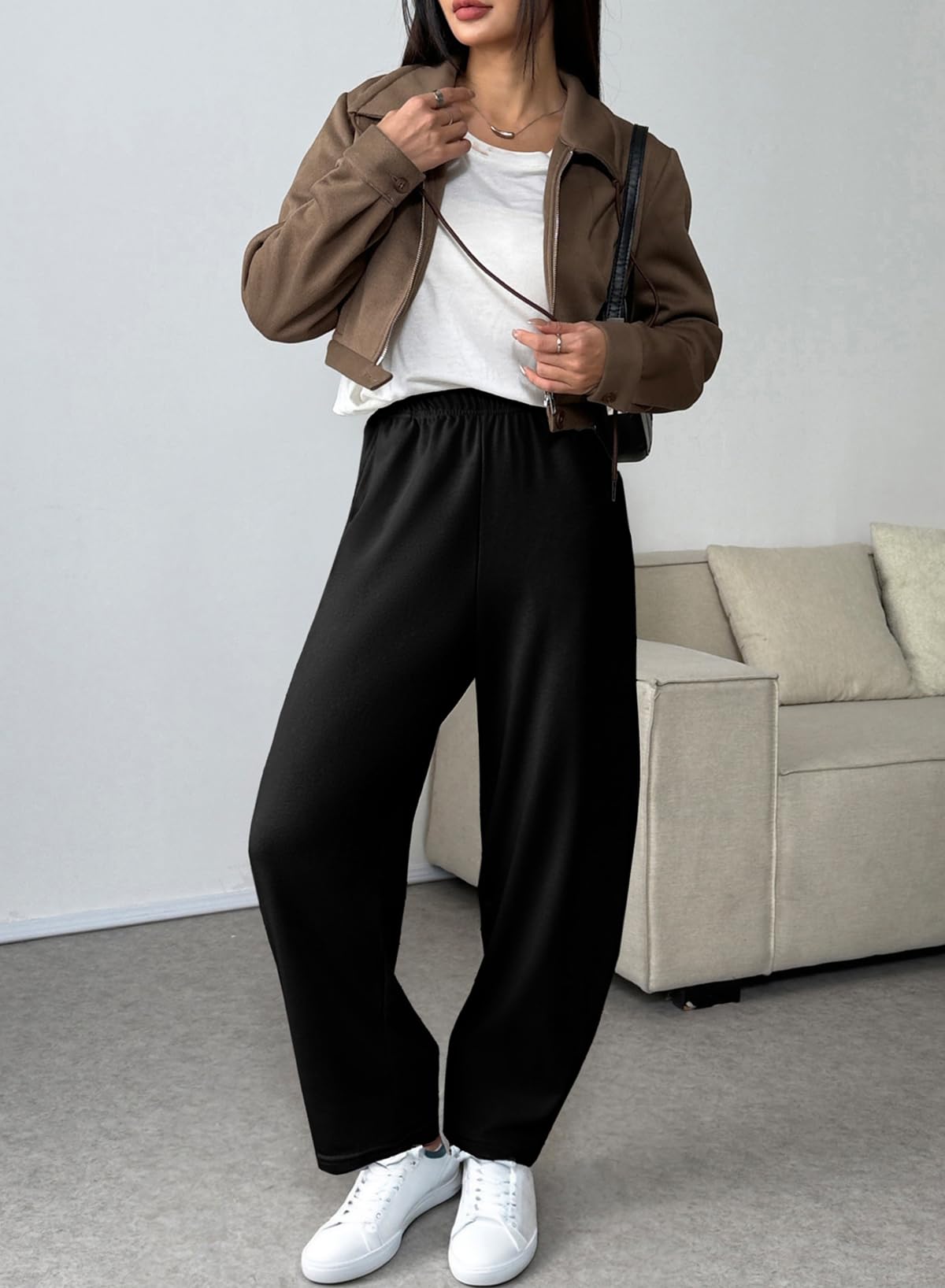 EVALESS Wide Leg Sweatpants Women Fall Clothes Casual Elastic High Waisted Baggy Pants Cropped Length Ballon Joggers with Pockets Black X-Large