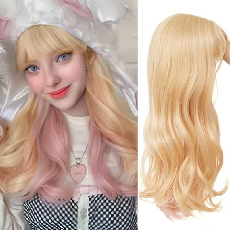 Salaibs Blonde Pink Wig Long Curly Wavy Wig for Women with Bangs Natural Synthetic Cosplay Daily Party Custome Hair Wig