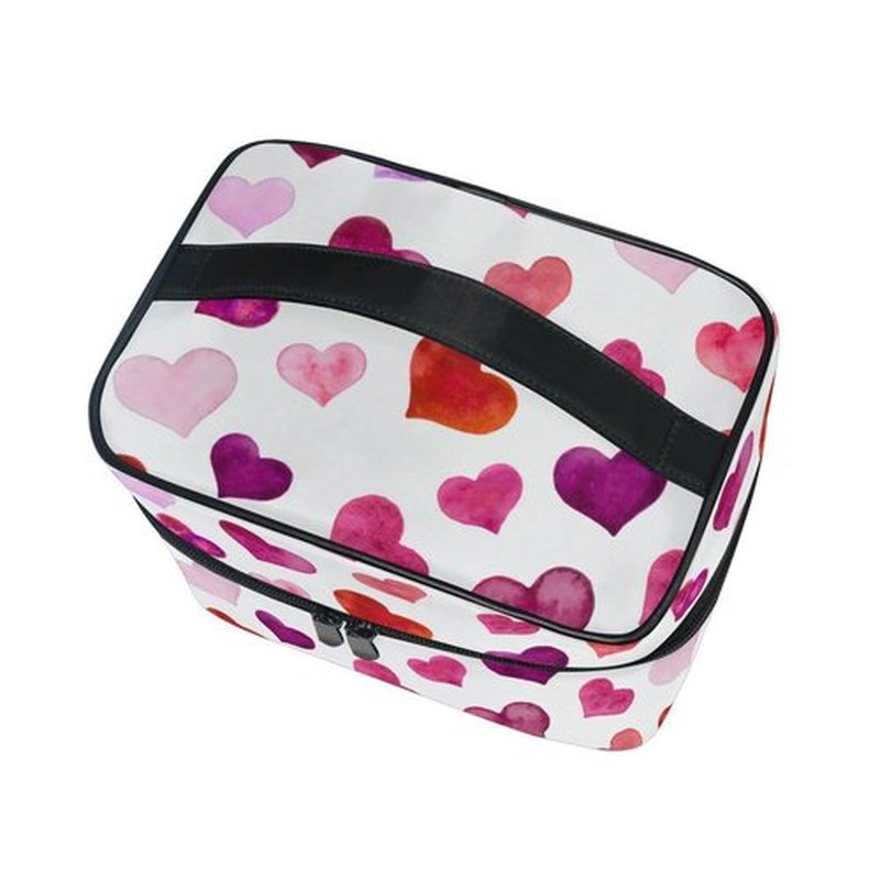 Valentine's Day Cosmetic Bag Hearts Valentine's Day Travel Makeup Organizer Bag Portable Train Case for Women Girls