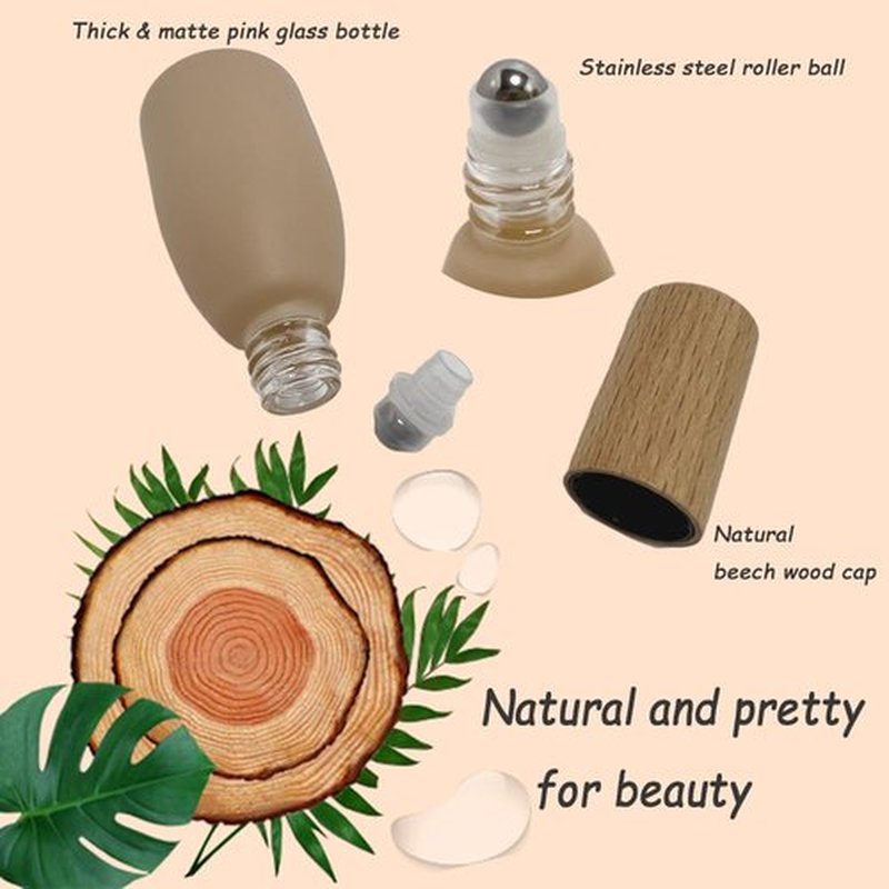 BEECO GIF2U 6Pcs 12ml/0.4 oz Glass Roll On Bottle with Bamboo Lid for Essential Oils,Empty Refillable Roller Bottles for Perfume Sample with Stainless Steel Roller Ball,Travel Containers(Pink)