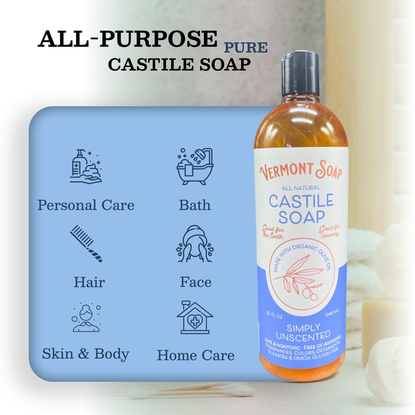 Vermont Castile Soap Unscented, Gentle Liquid Soap for Sensitive Skin & Natural Body Wash, Organic Hair Shampoo for Oily Hair, Aloe Castile Soap for Men & Women - 32 oz