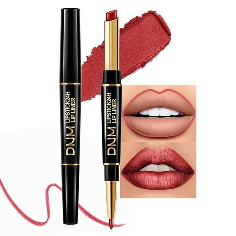 2 in 1 Mauve Red Matte Lip Liner & Lipstick Combination, DNM Metallic Dual Ended Lipstick, Lip Liner, Lip Gloss, 24 Hour all Day Long-Lasting Waterproof Lipliners Pencil for Women Lip Makeup Gift 08#