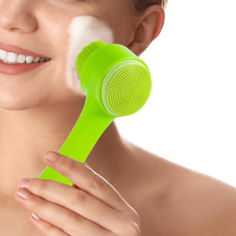 Beomeen Face Brush 2 in 1, Silicone Facial Cleansing Exfoliating Brush Soft Bristles Pore Deep Cleansing Manual Dual Face Wash Scrub Brush For Massaging, Makeup Skincare Removal, Fluorescent Green