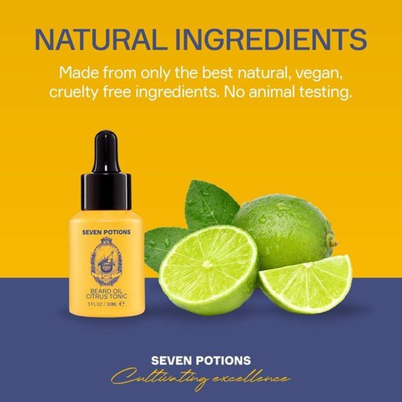 SEVEN POTIONS Beard Oil 1 fl oz Gentle Beard Softener. Stops Beard Itch. 100% Natural, Beard Conditioning Oil With Citrus Scent & Jojoba Oil (Citrus Tonic)