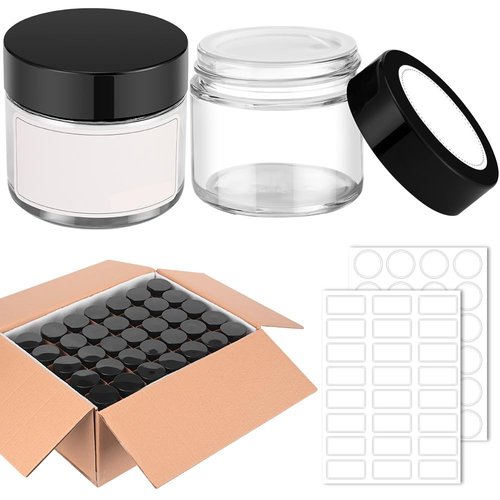 1 oz Round Clear Glass Jars, Bumobum 105 pack Cream Jars with Black Lids, Black and White Labels & Inner Liners, Empty Cosmetic Containers for Cream, Lotion
