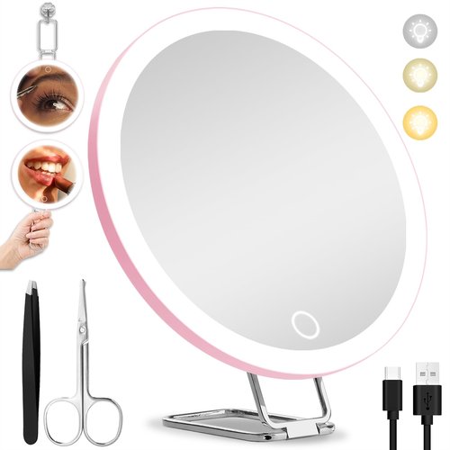 10X Magnifying Mirror with Light, 10X Magnifying Makeup Mirror, Lighted Makeup Magnification Mirror with 360° Adjustable Stand & Suction Cup, Portable Travel Magnifying Mirror, 6inch Magnifying Mirror