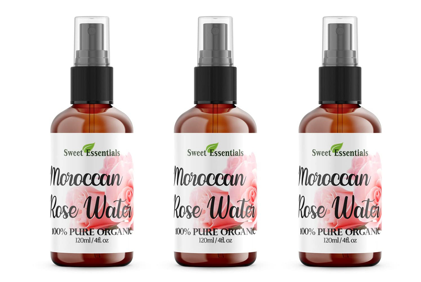 Pack of 3 Premium Organic Moroccan Rose Water - 4oz W/Sprayer - Imported From Morocco - 100% Pure (Food Grade) No Oils or Alcohol - Rich in Vitamin A & C Perfect for Hydrating & Rejuvenating Your Skin