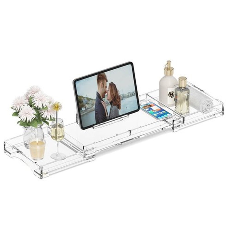 Bathtub Tray Caddy Table for Tub - Rulyyo Tub Tray Bath Caddy Tray for Bathtub, Clear 18-32.5 Inch Expandable Over The Tub Bath Tray for Bathtub, Waterproof Bathtub Caddy Tray for Luxury Bath
