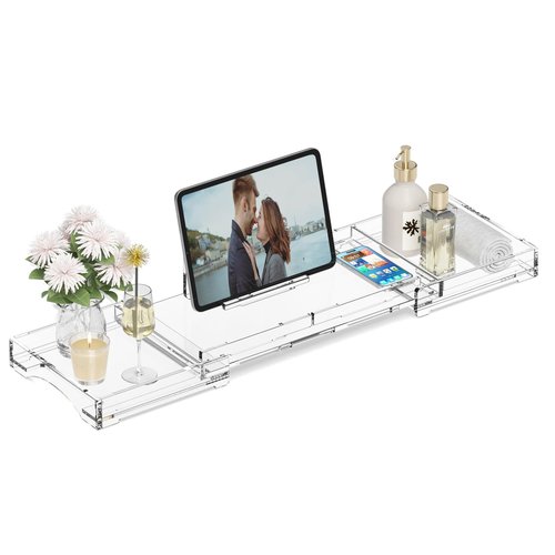 Bathtub Tray Caddy Table for Tub - Rulyyo Tub Tray Bath Caddy Tray for Bathtub, Clear 18-32.5 Inch Expandable Over The Tub Bath Tray for Bathtub, Waterproof Bathtub Caddy Tray for Luxury Bath