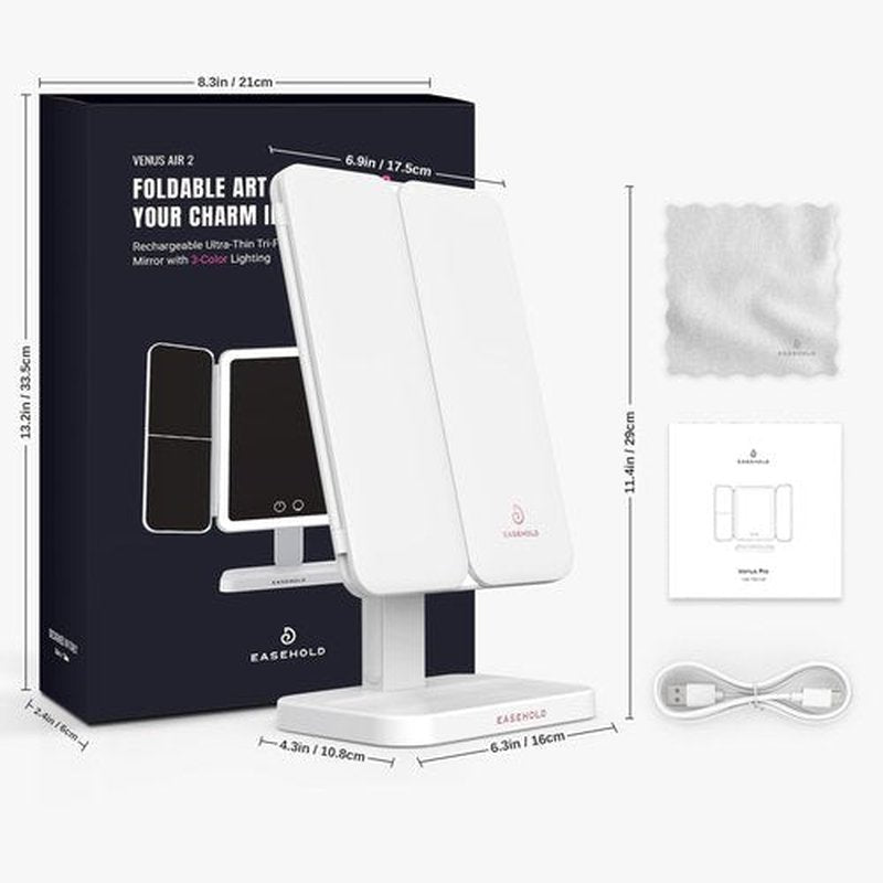 EASEHOLD Makeup Mirror Vanity Mirror with Lights, 2X 3X Magnification, 2200 mAh Rechargable, Lighted Makeup Mirror, Touch Control, Trifold Makeup Mirror, Gifts for Girls & Women