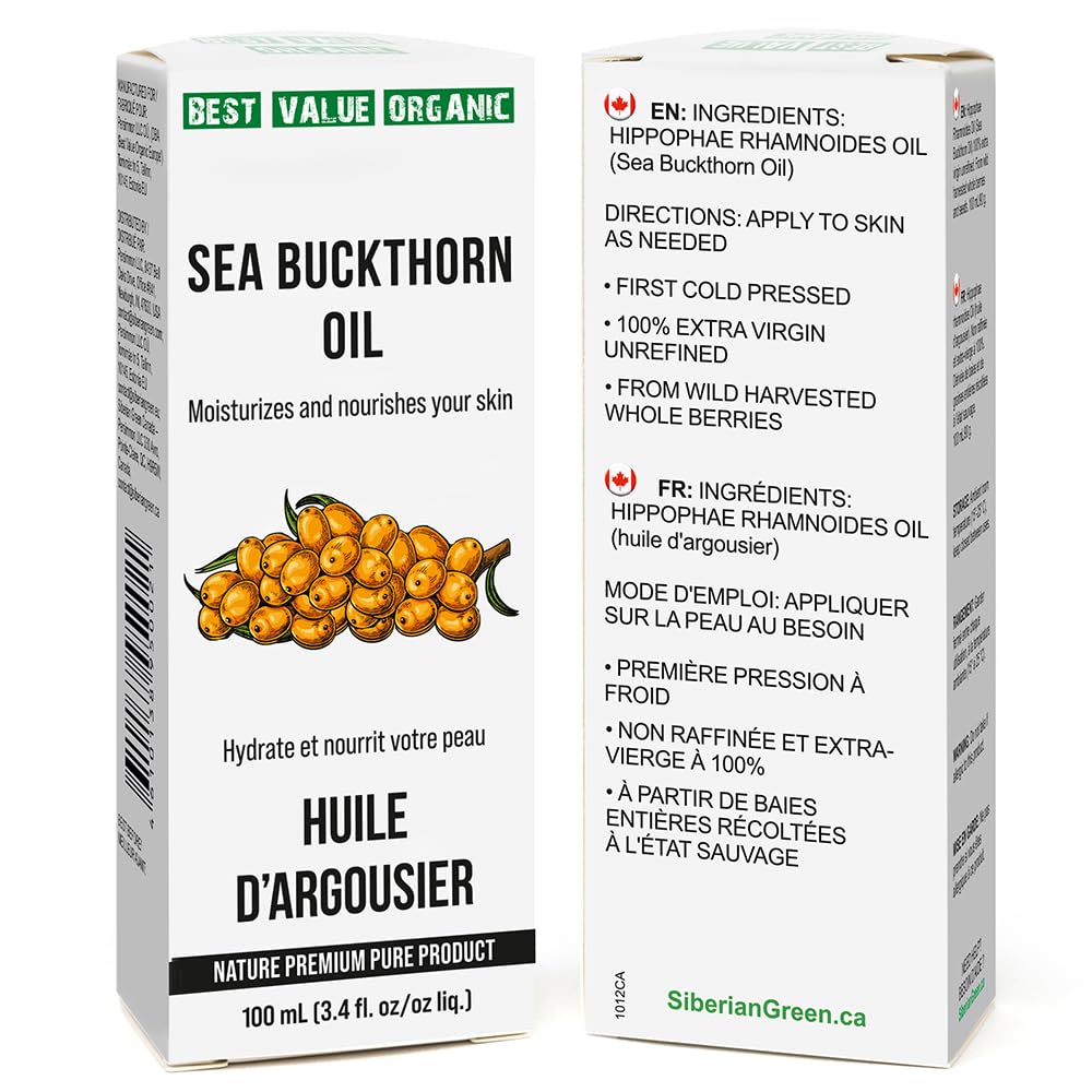 Siberian Sea Buckthorn Oil 100 Ml, Non-GMO, Unrefined, First Cold Pressed, Raw, Natural - 3.4 Fl Oz from wild harvested berries and seeds