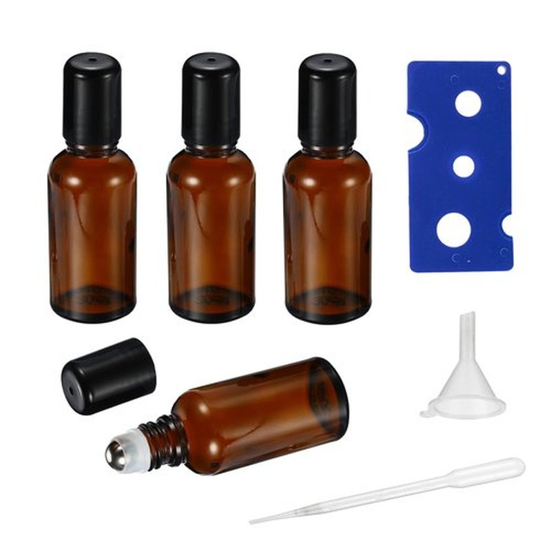 HEYLEAYAR 20ML Roller Bottles for Essential Oil, 4 Pack Empty Amber Glass Roller Bottles for Perfume Oil, Roll on Bottles with Stainless Steel Roller Balls, Opener, Funnel and Dropper