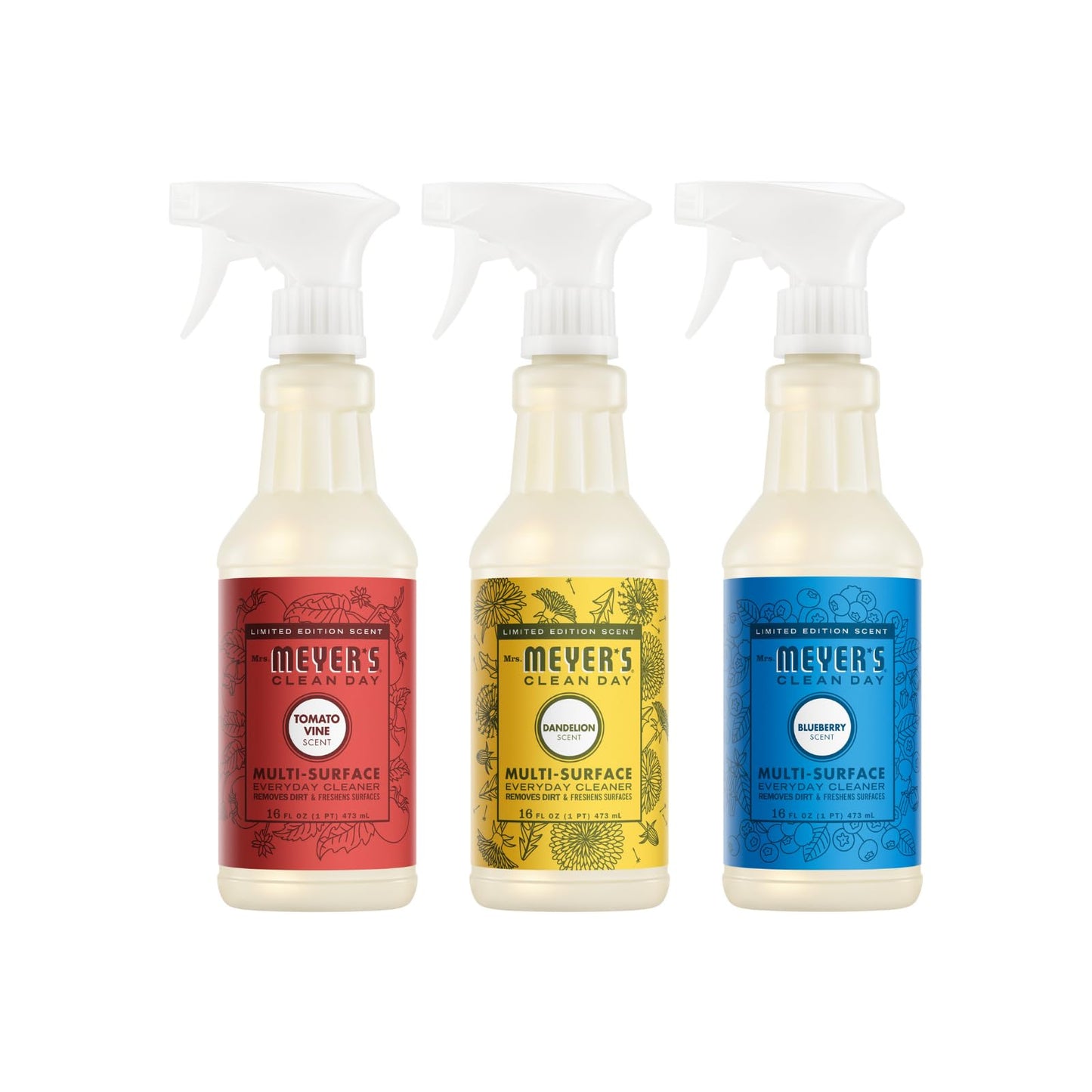 Mrs. MEYER'S Clean Day Multi-Surface Cleaner 16 FL OZ Each, Tomato Vine, Dandelion, Blueberry, 1 CT (Variety Pack)