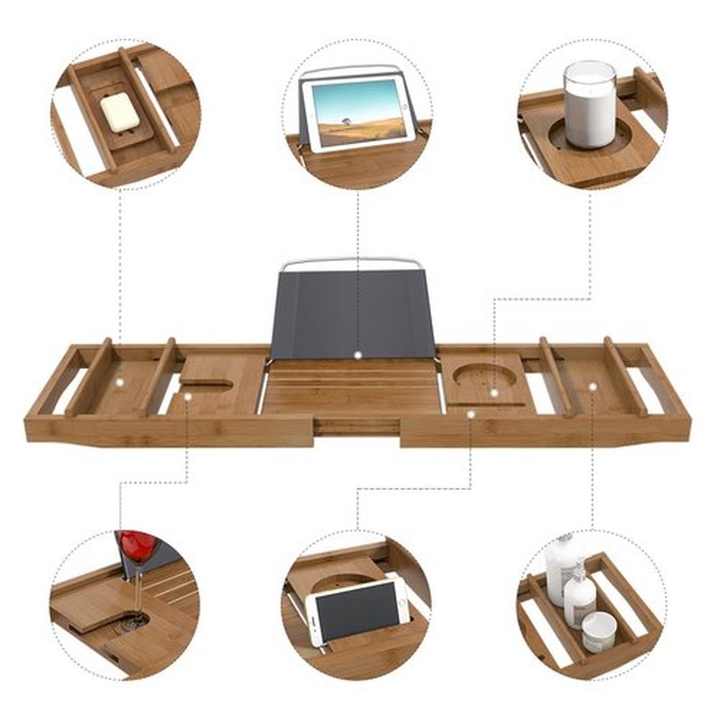 Domax Bathtub Caddy Tray Expandable Bamboo Bath Tub Tray for Luxury Bath with Book Holder Free Soap Dish Brown