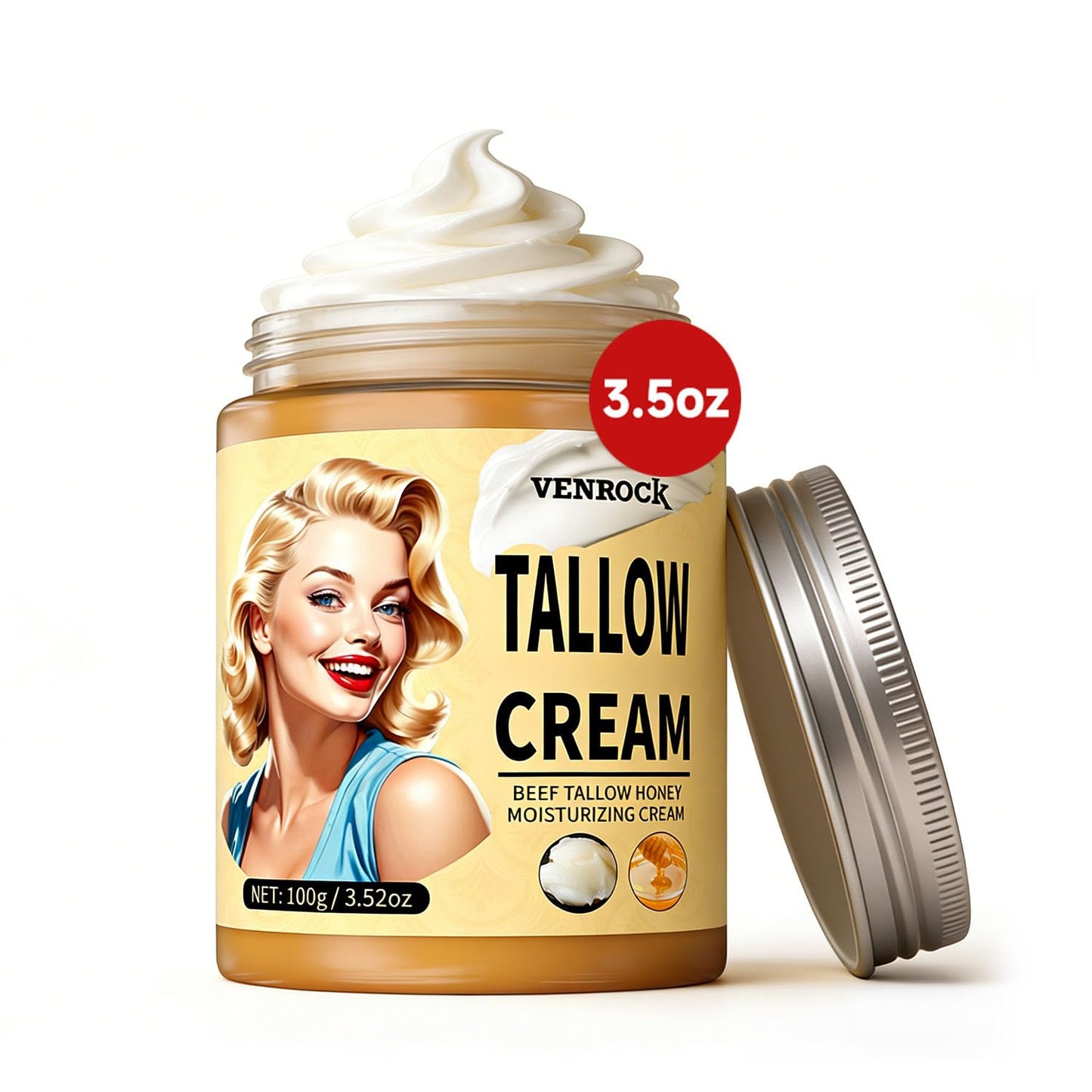 Venrock Beef Tallow Balm with Honey, Hyaluronic Acid & Niacinamide - Non-Greasy, Quick Absorbing Whipped Face Moisturizer for Soft, Smooth, Hydrated Skin 3.5oz