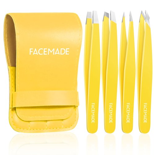 FACEMADE 4 Pack Tweezers Set - Professional Stainless Steel Tweezers for Men and Women, Precision Eyebrow Tweezers for Facial Hair, Chin, and Ingrown Hair Removal (Yellow)