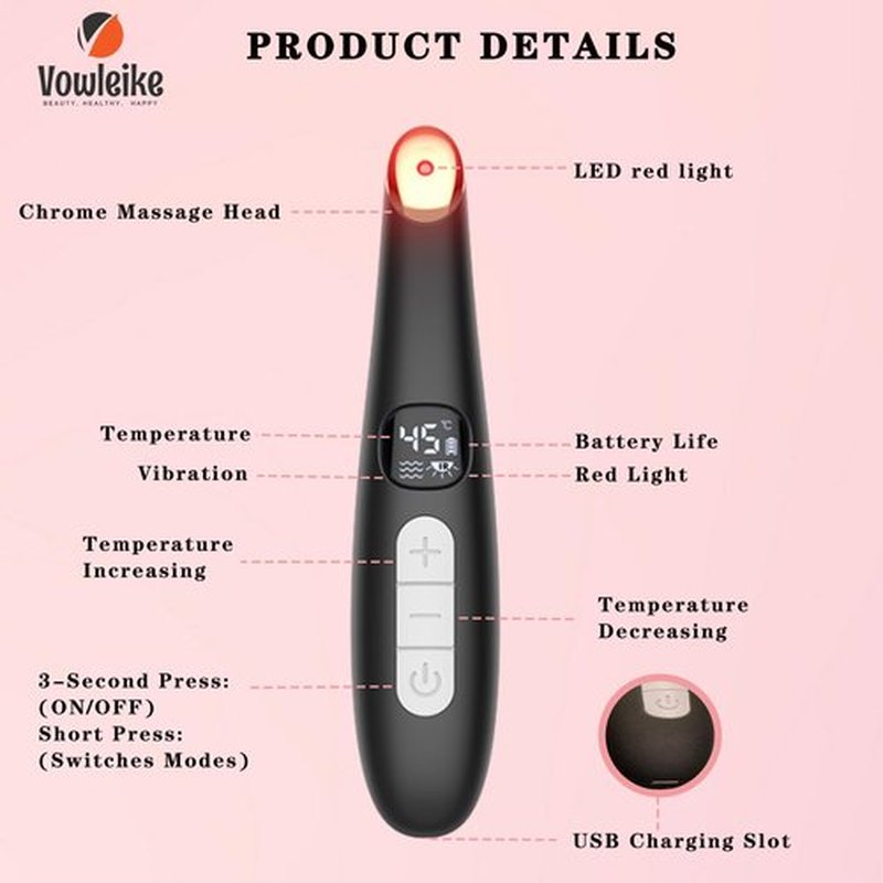 Vowleike Eye Lift Wand, 3 in 1 Vibrating 98°F to 113°F LCD Eye Massager for Dry Eyes, Dark Circles and Puffiness, Face & Neck Lifting Tool for Fine Lines and Wrinkles, Black