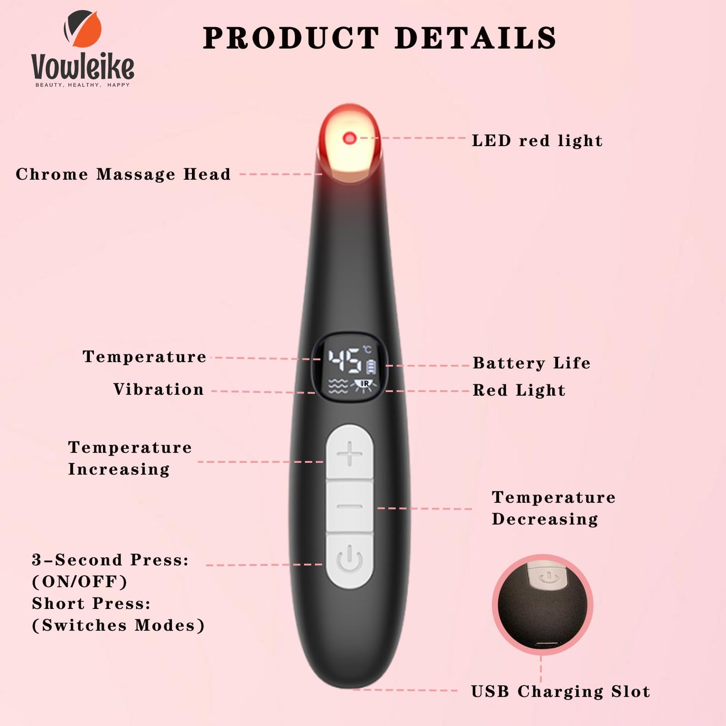Vowleike Eye Lift Wand, 3 in 1 Vibrating 98°F to 113°F LCD Eye Massager for Dry Eyes, Dark Circles and Puffiness, Face & Neck Lifting Tool for Fine Lines and Wrinkles, Black