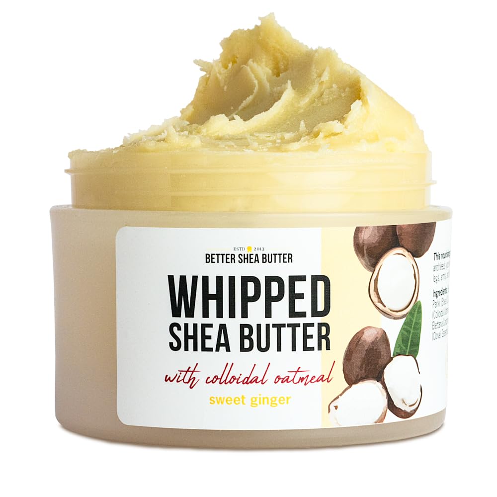 Whipped Shea Butter with Colloidal Oatmeal | Sweet Ginger Essential Oil Blend | Deep Hydration Body Butter for Dry Skin | Water-Free Raw Shea Moisturizer for Men & Women