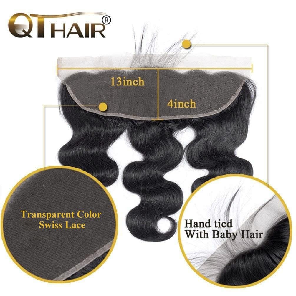 QTHAIR 14A Human Hair Bundles with Transparent Hd Lace Frontal (14 16 18+14) Body Wave Bundles with Lace Closure Brazilian Human Hair Weave Bundles with 13x4 Frontal Virgin Hair Weft 150% Density
