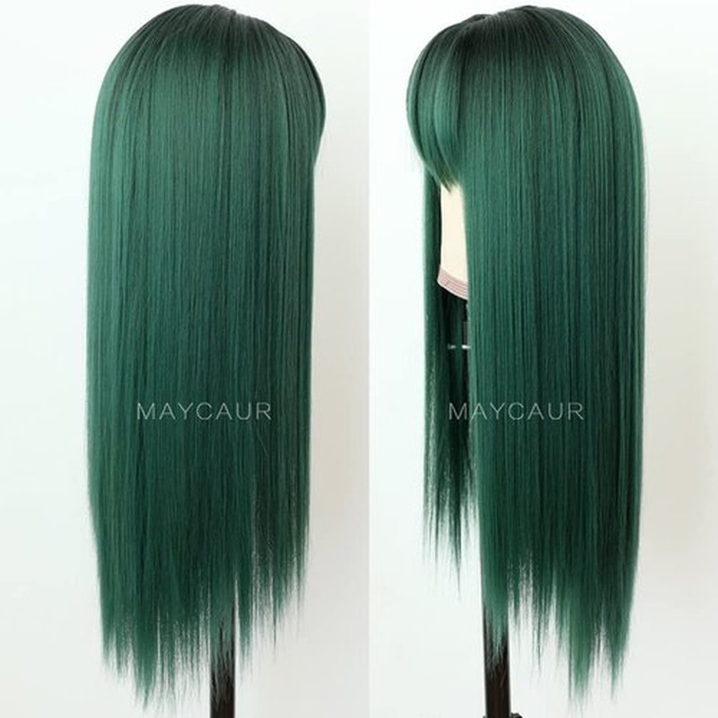 Maycaur Green Synthetic Hair Wigs with Full Bangs Black Green Ombre Color Long Straight Women's Costume Wigs Heat Resistant Synthetic No Lace Front Wigs for Fashion Women