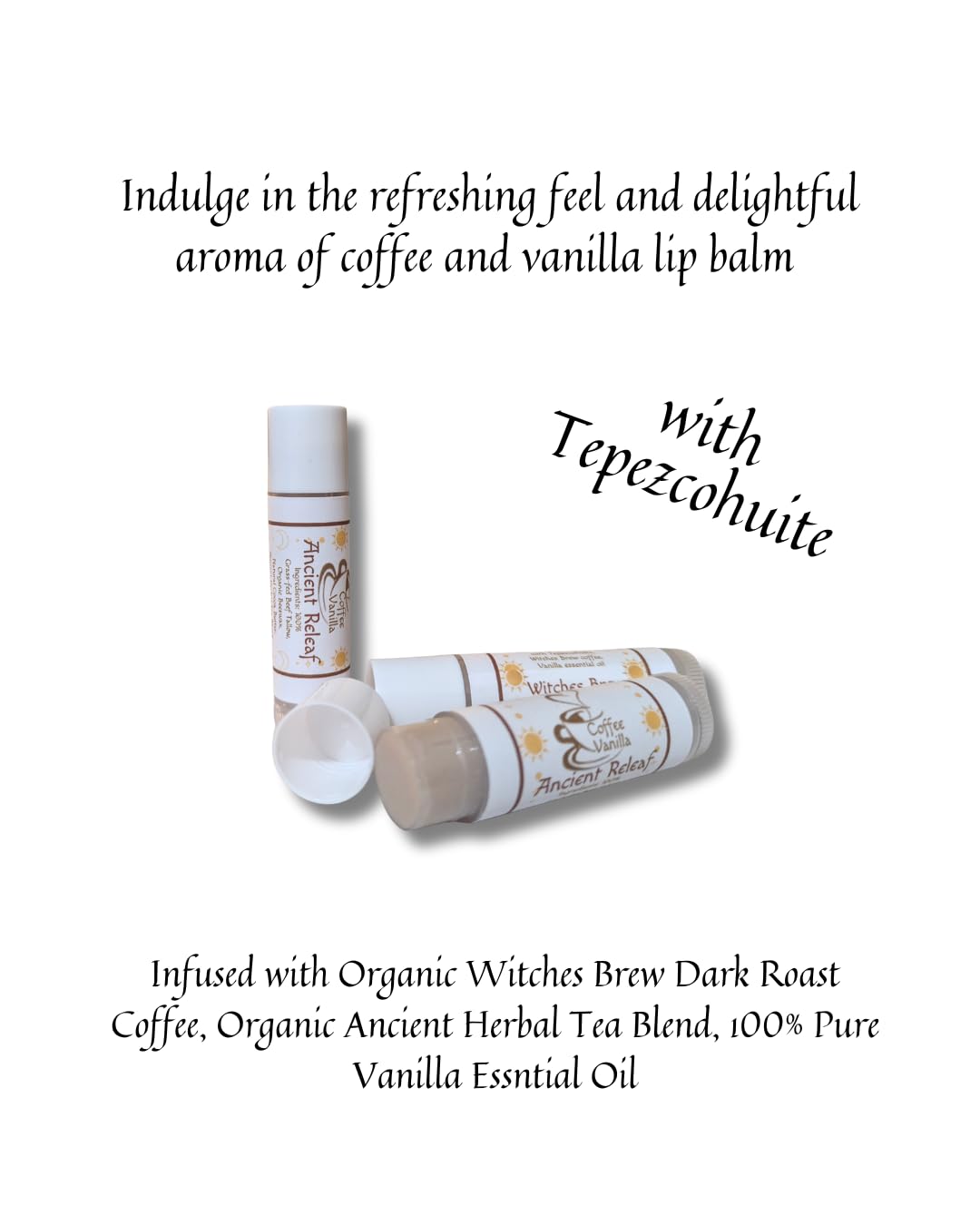 Ancient Releaf Coffee and Tea Brewed Tallow Blend Lip Balm, Coffee Vanilla, 3pack