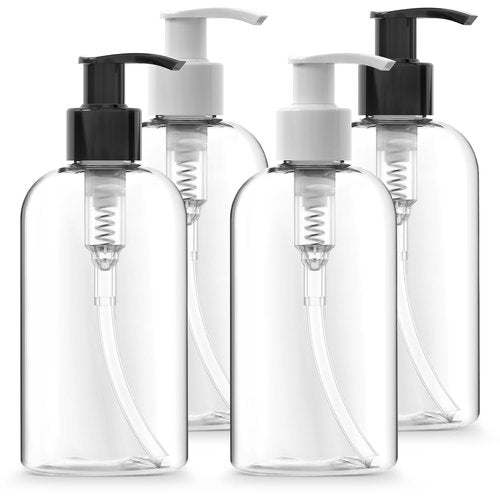 Bar5F 4-Pack Plastic Bottles with Pump Dispenser, 8.5 oz | Leak Proof, Empty, Clear Refillable, BPA Free for Body Wash, Moisturizer, Face Cream, Liquid Soap | Black & White Pumping Caps | Set of Bulk