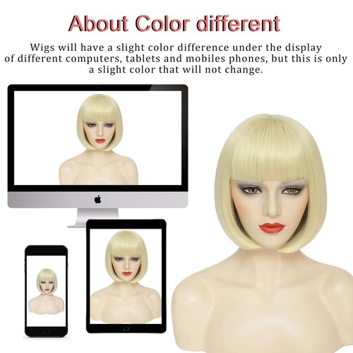 YBYMCAI Blonde Bob Wig For Women Short Blonde 613 Bob Wig With Bangs Straight Bob Bangs Wig 10 Inch Heat Resistant Synthetic Hair Natural Looking For Daily Party Use