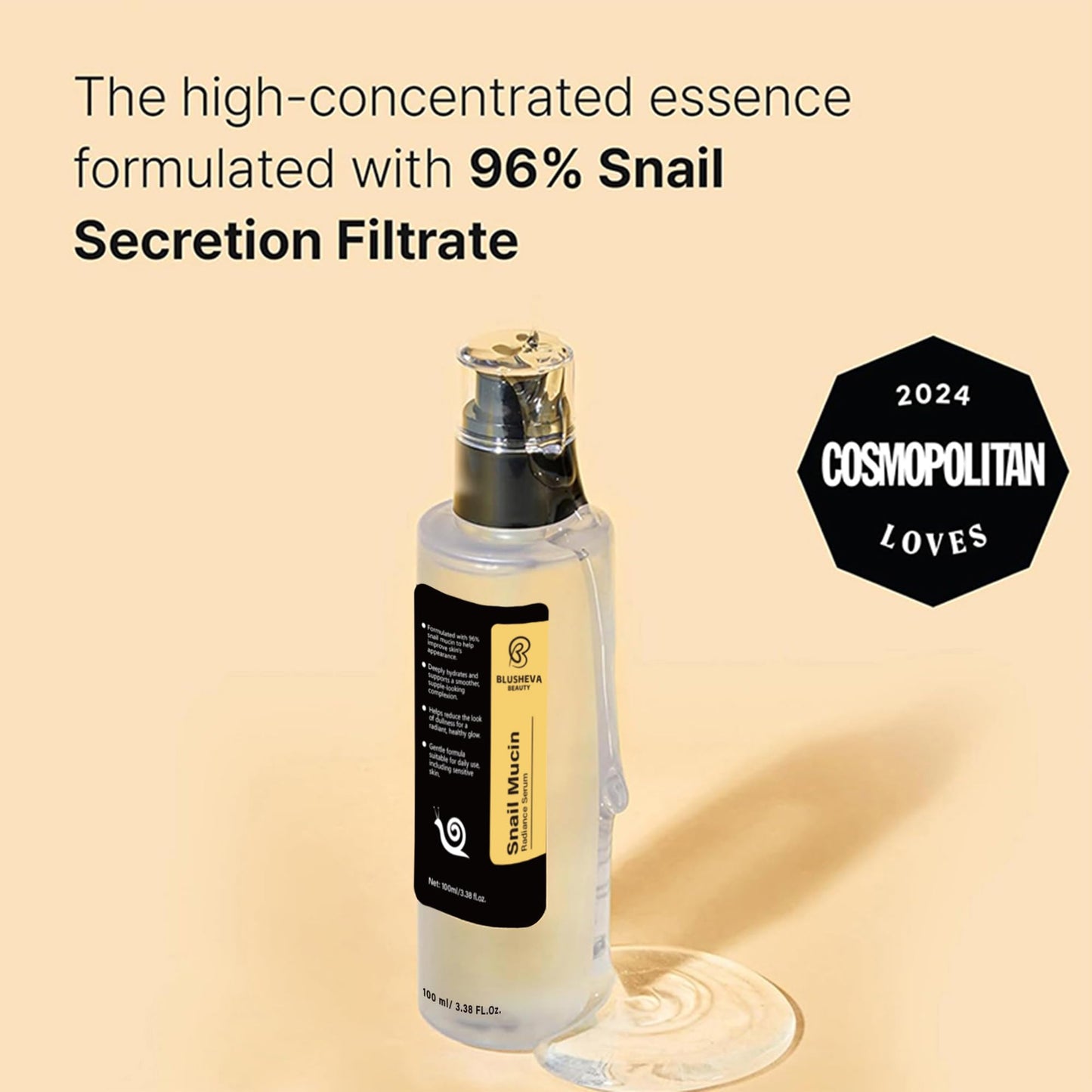 Blusheva Beauty Snail Mucin Radiance Serum 96% Snail Filtrate Hydrating & Anti-Aging Face Serum for Fine Lines, Dark Spots & Smooth Skin 100ml