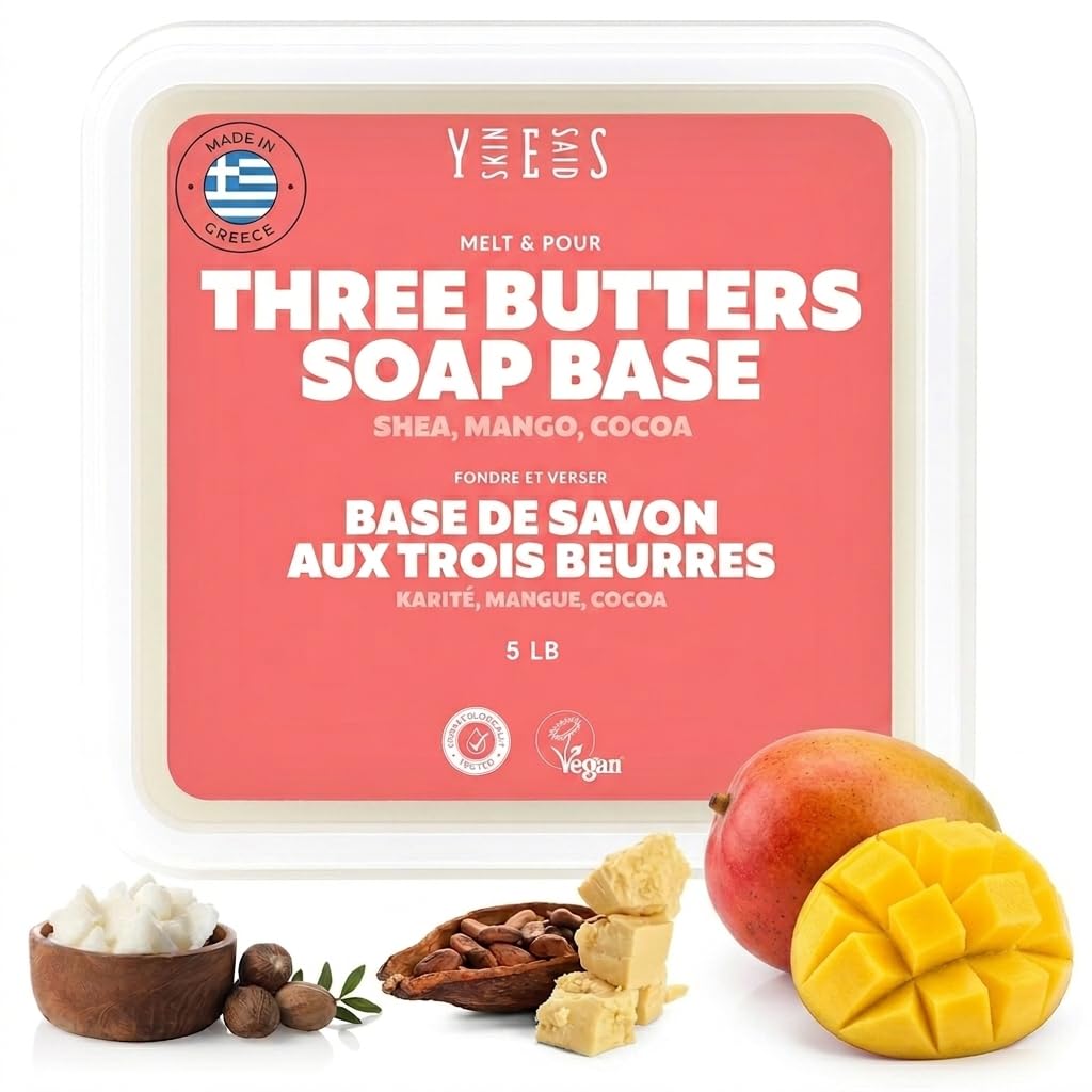 Skin Said Yes Three Butters Soap Base 5 LB | Made in Greece | Palm Oil-Free, Shea Butter, Mango Butter & Cocoa Butter | Melt and Pour Soap Making Supplies - SLES Free, Organic Ingredients