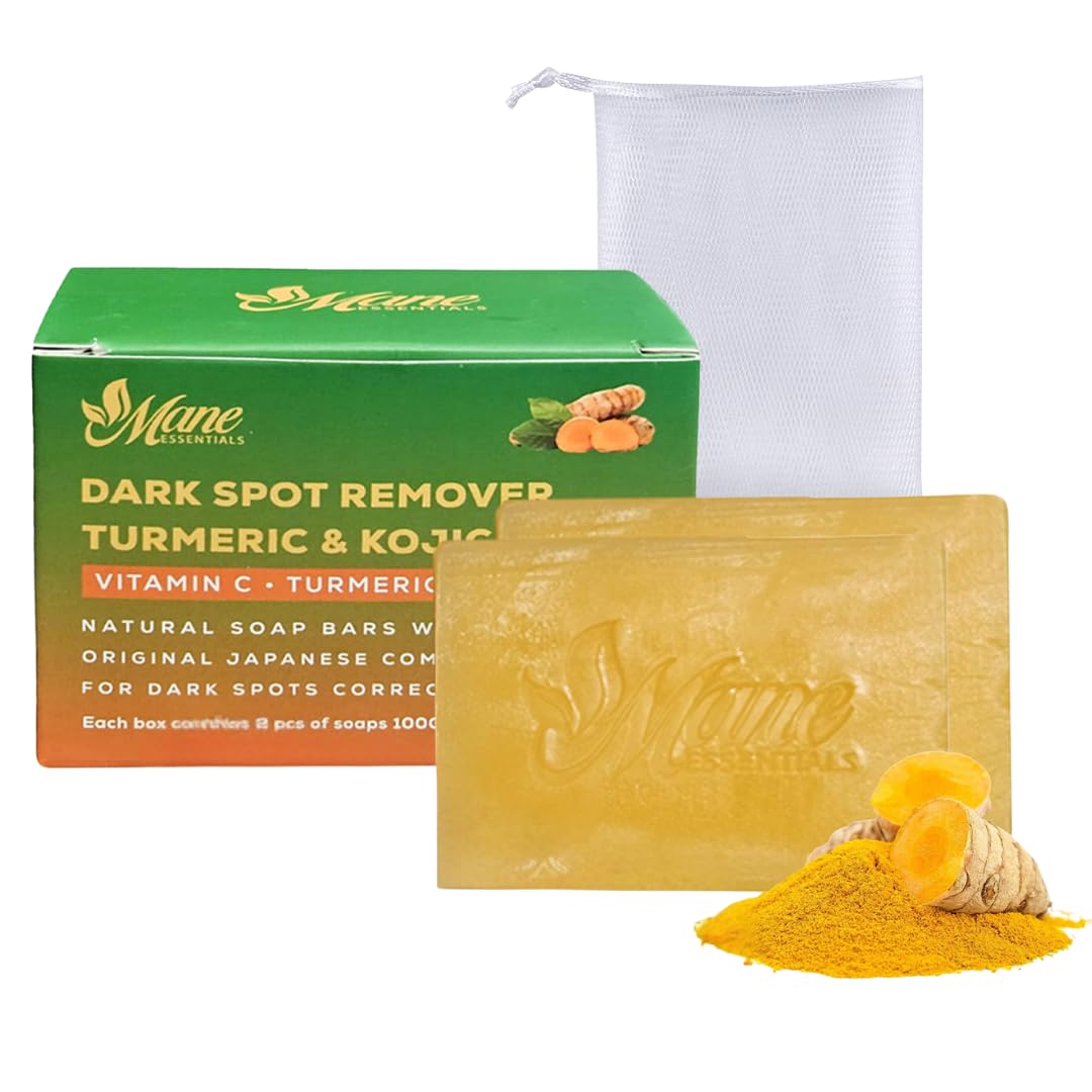 Mane Essentials Turmeric & Kojic Acid Soap Bars for Face and Body, Dark Spot Cleansing Soap with Vitamin C, Collagen & Hyaluronic Acid, 2 Pack