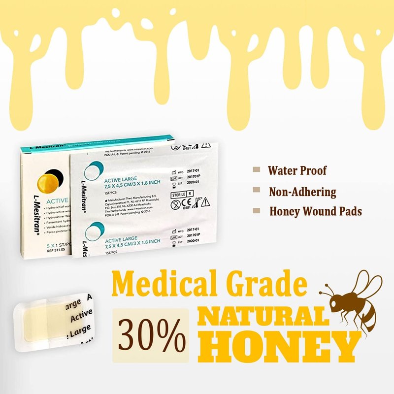 L-Mesitran Medical Grade Honey Bandages - Waterproof Sterile Gauze Pads for Wound Healing | 5 Pack, 30% Honey