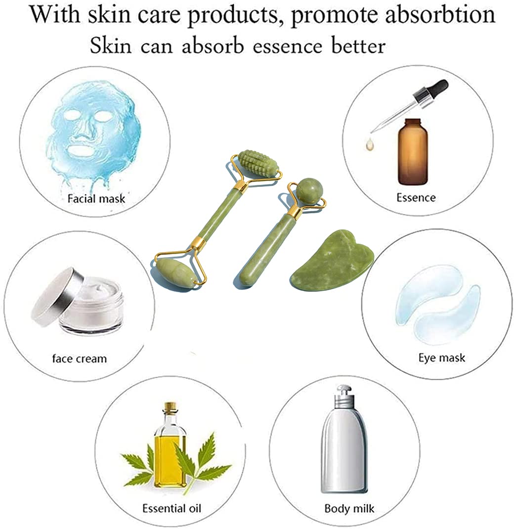 3 in 1 Jade Roller & Gua Sha Set - Natural Jade Facial Massager with Textured Roller, Anti Aging Skincare Tools for Face, Eye, Neck Massage, Promote Serum Absorption, Bester Gift for Women & Men