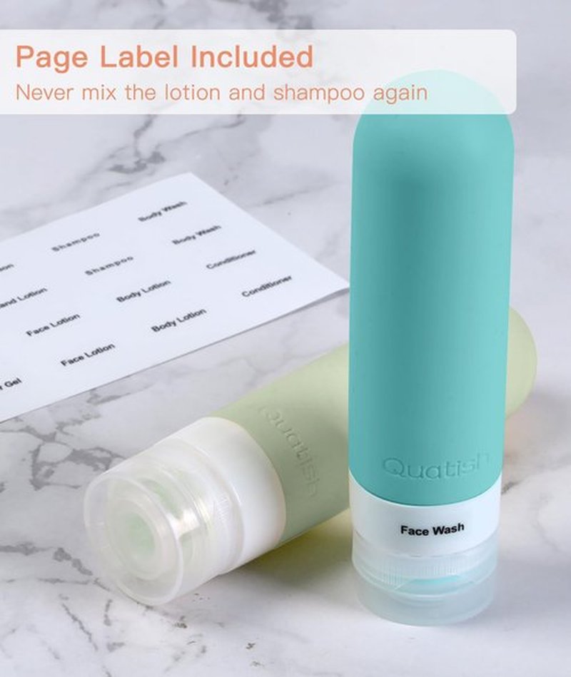Quatish Travel Bottles for Toiletries【Original Patented】, 3 oz Tsa Approved Leak Proof Travel Size Containers, Silicone Shampoo and Conditioner Bottles, 4 Pack Travel Size Bottles, Morandi