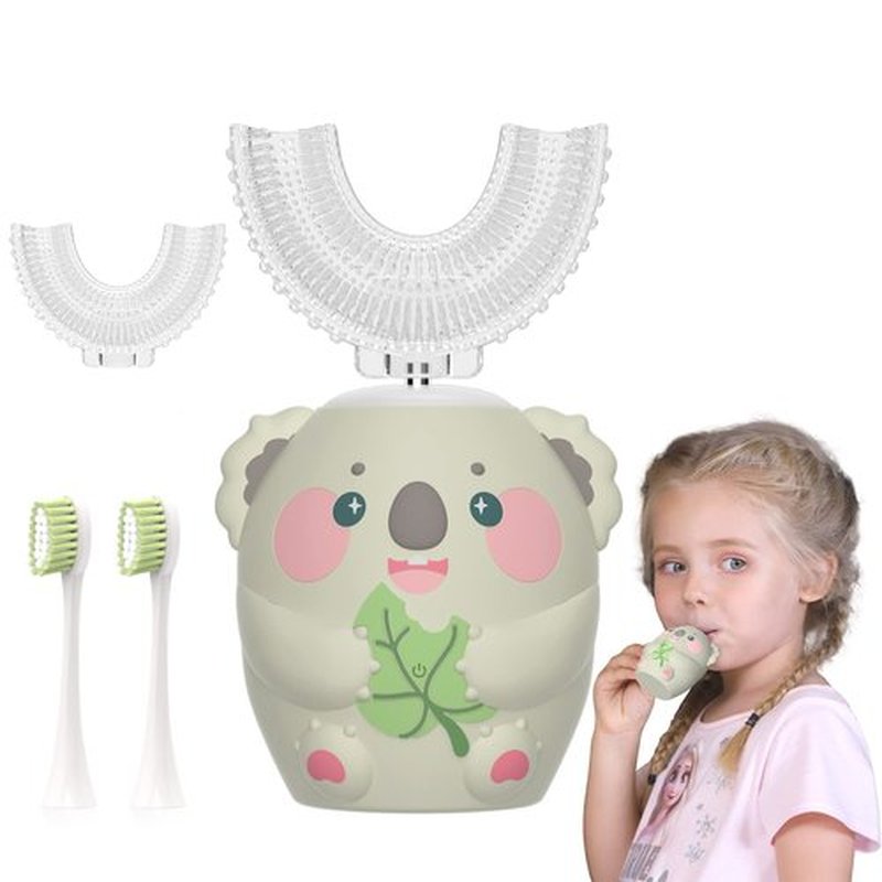 ELOTAME Cartoon Kids U Shaped Electric Toothbrush with 4 Brush Heads,Full Mouth 360-Degree Cleaning Sonic Automatic Toothbrush with IPX7 Waterproof (2-7 Age Grey Koala Without Cup)