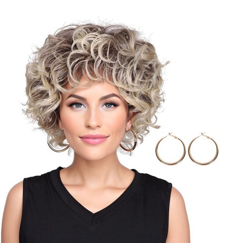 FantaLook Women 80s Cosplay Wig with Accessories (Dark Brown Gradient（Short Wig）)